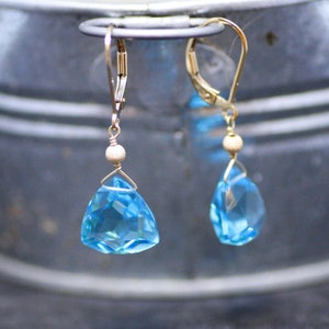 Swiss Blue Topaz Drop Earrings 14k Gold Filled , December birthstone ts