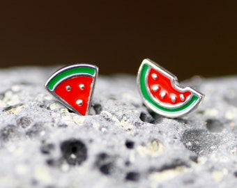 Tiny Enamel Watermelon Stud Earrings Silver , Memories of Summer