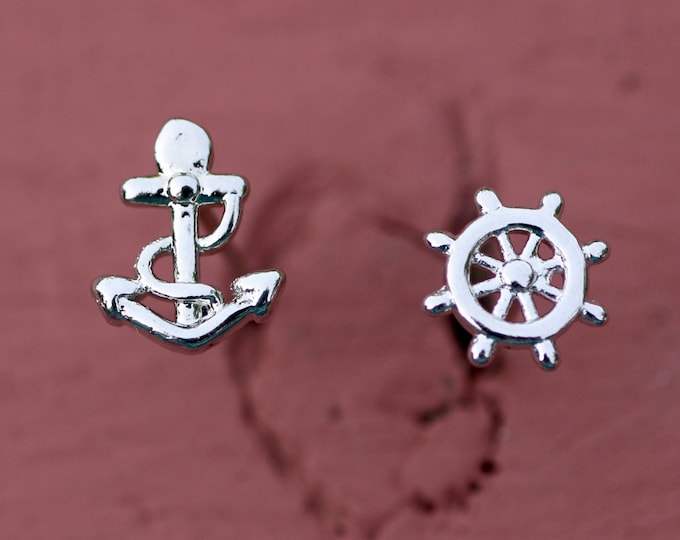 Small Helm Boat Anchor Stud Earrings Sterling Silver 925 , Nautical