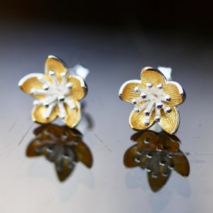 Wild Rose Stud Earrings Sterling Silver 925 , Flower Studs Two Tone
