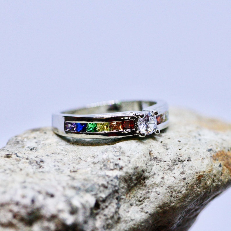 Rainbow Engagement Ring Sterling Silver 925 Pride Ring