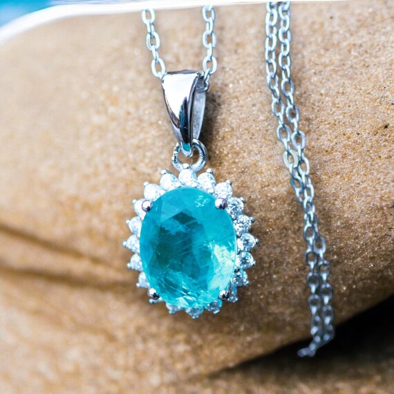 Sterling Silver Paraiba Tourmaline Pendant Halo Style