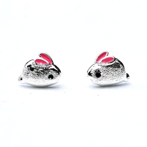 Small Cute Rabbit Bunny Studs Earrings Handcrafted in Sterling Silver 925