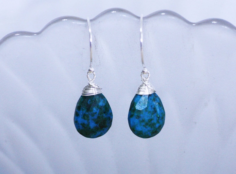 Wire Wrapped Chrysocolla Earrings Sterling Silver 925 Green Blue Gem Drop Earrings