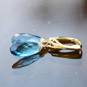 Light London Blue Topaz Earrings Wire Wrapped Yellow Gold on European Lever Backs , December Birthstone