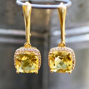 Bright Yellow Citrine Earrings Yellow Gold Vermeil , 13th Anniversary , November Birthstone