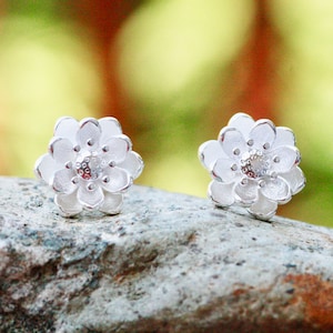 Lotus , Magnolia Flower Earrings Sterling Silver 925 , Flower Studs