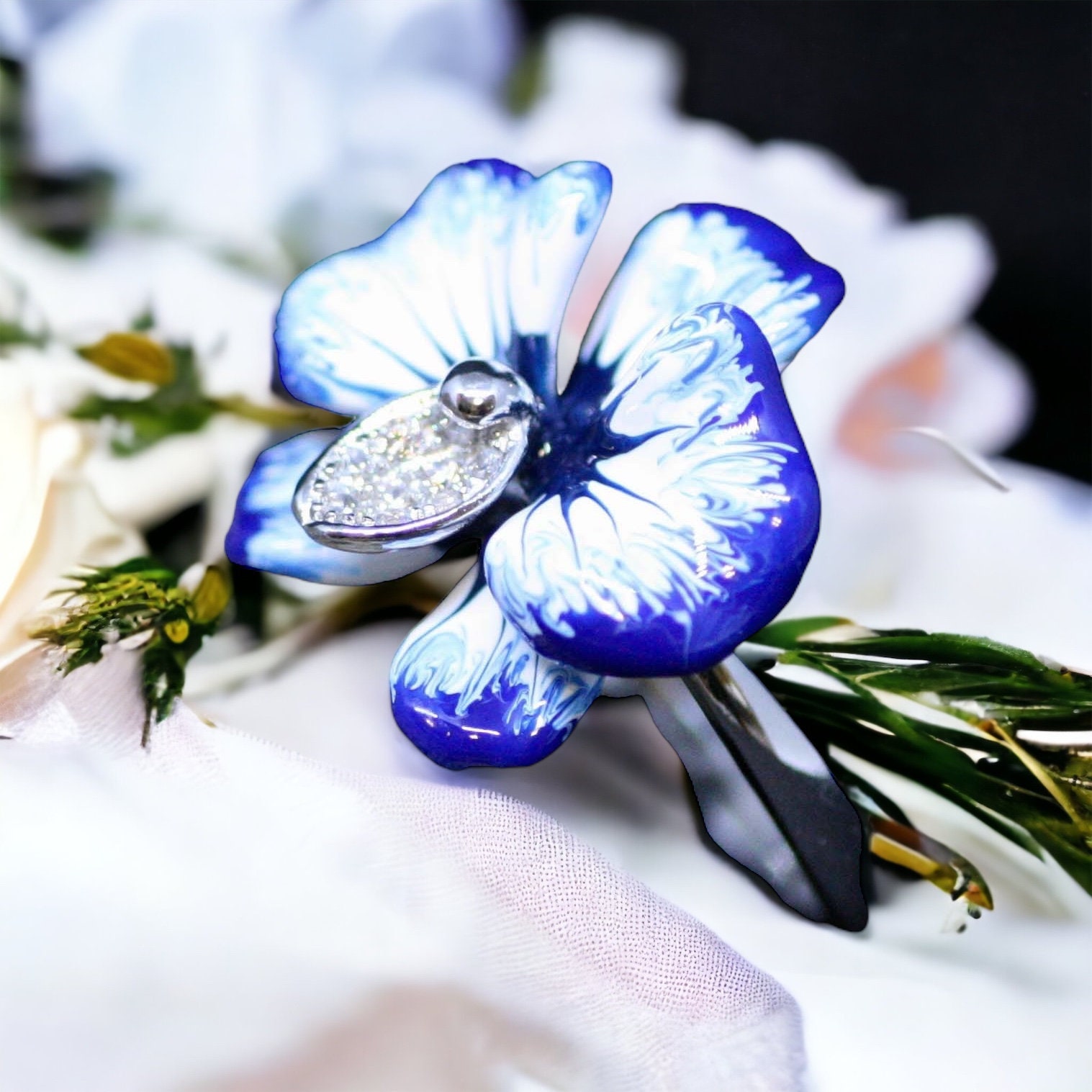 Blue Orchid Flower Ring with Cubic Zirconias, 14th Anniversary Sterling  Silver 925, Last one size 1/4