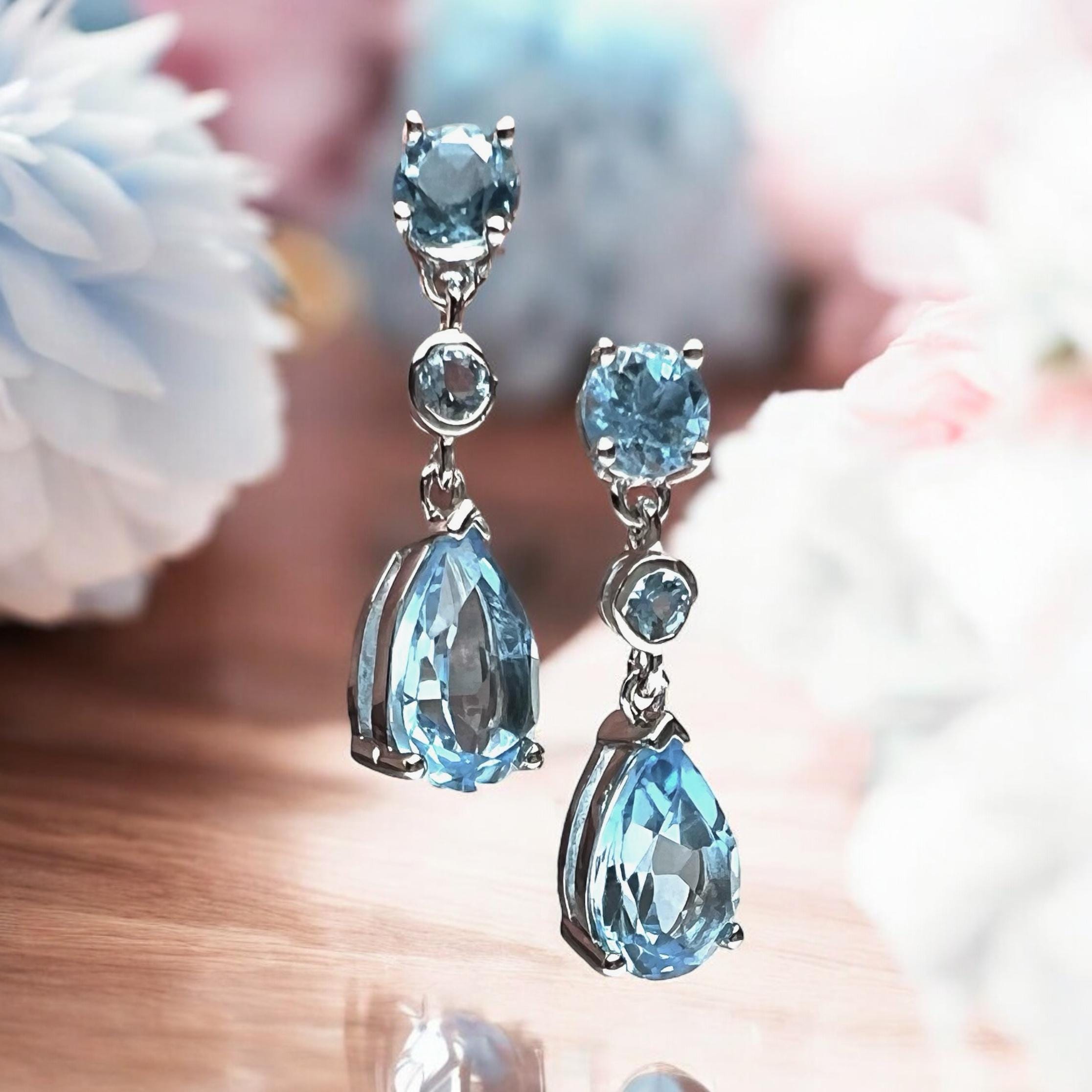Natural Sky Blue Topaz Earrings Sterling Silver 925