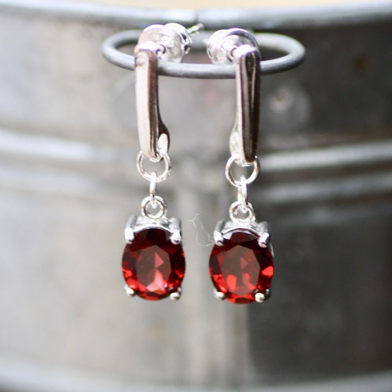 Small Natural Garnet Earrings Handcrafted in Sterling Silver 925 , January Birthstone