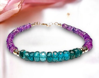 Solid 14K Rose Gold 585 Natural London Blue Topaz and Purple Sapphire Bracelet 7.6" - 8.19"