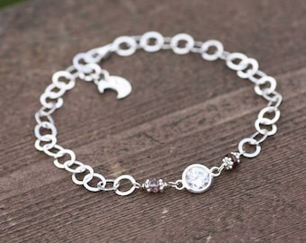 Natural Spinel Charm Bracelet Silver 925 , April Birthstone , Adjustable length up to 7 3/4"