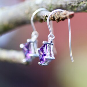 May include: A pair of silver dangle earrings with purple square-shaped gemstones.
