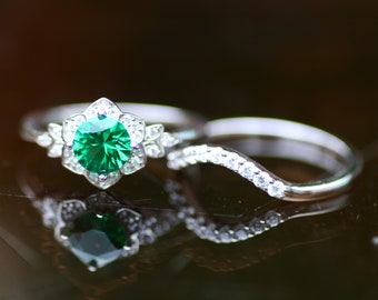 Nano Created Emerald Engagement Ring Wedding Set Sterling Silver 925 , May Birthstone, Or Custom Order 14K 18k