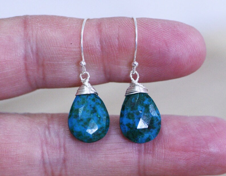 Wire Wrapped Chrysocolla Earrings Sterling Silver 925 Green Blue Gem Drop Earrings