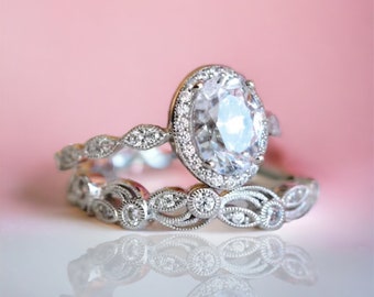 White Sapphire Engagement Ring Wedding Set Sterling Silver 925  , September birthstone