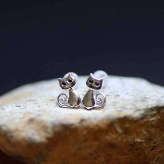 Orecchini a forma di gatto nero - in argento Sterling