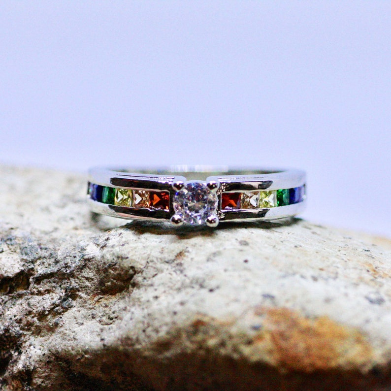 Rainbow Engagement Ring Sterling Silver 925 Pride Ring