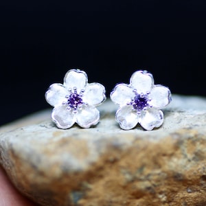 Sakura Cherry Blossom Stud Earrings Sterling Silver 925 ,  Amethyst February Birthstone ts