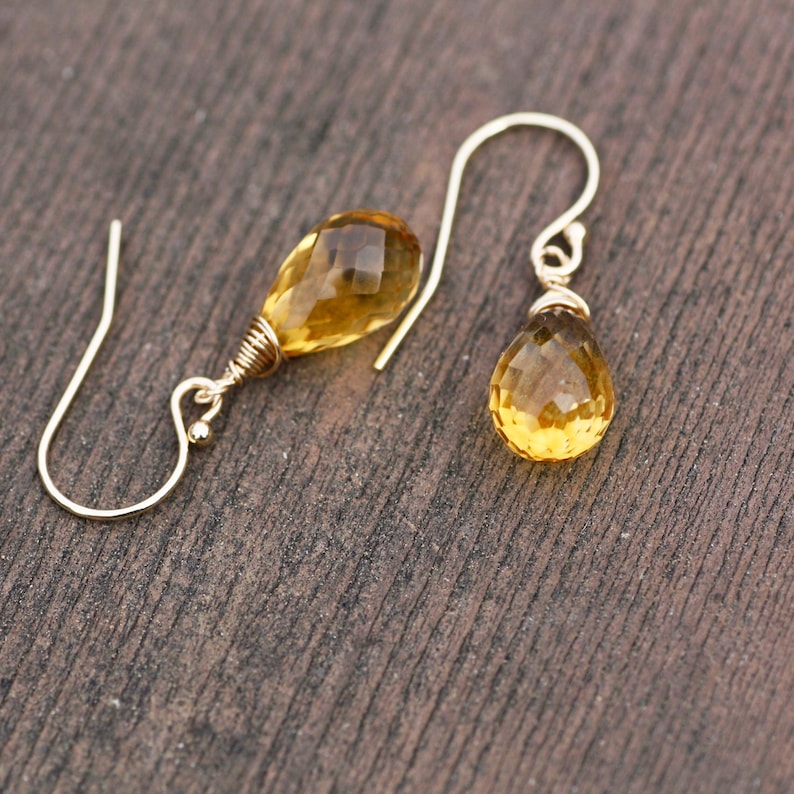 Citrine Earrings Solid 14k Gold Wire Wrapped Briolette November Birthstone