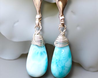 希少なラリマー シルバー ドロップ イヤリング – ユニークな