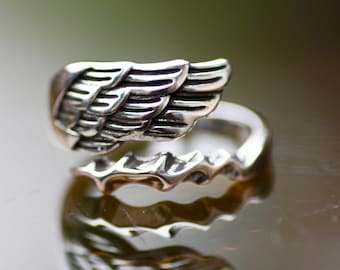 Handmade Sterling Silver Angel Wing Ring, Adjustable Band