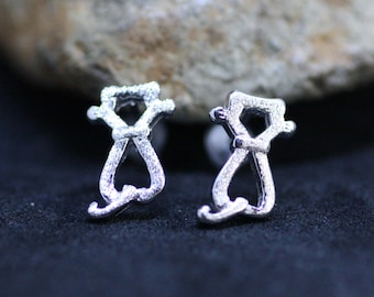 In Argento Orecchini Con Piccolo Gatto Color Argento - Gioielli