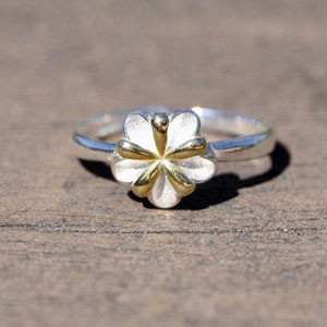 Plumeria Flower Ring Sterling Silver 925 Band , Hawaii Ring , Adjustable , Two Tone