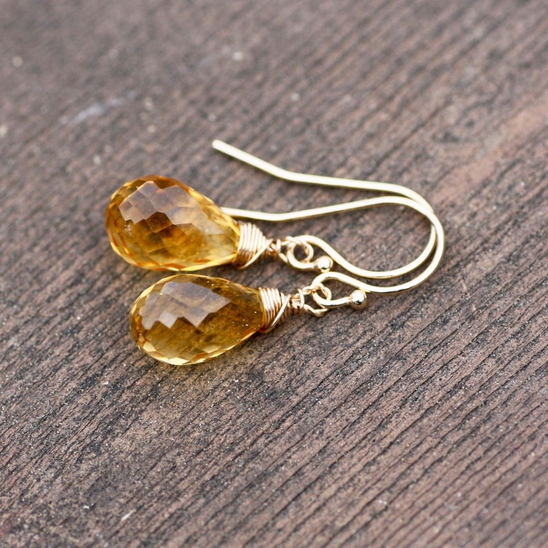Citrine Earrings Solid 14k Gold Wire Wrapped Briolette November Birthstone