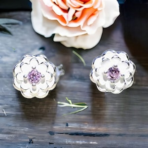 Small White Enamel Dahlia Flower Stud Earrings Sterling Silver 925 ts