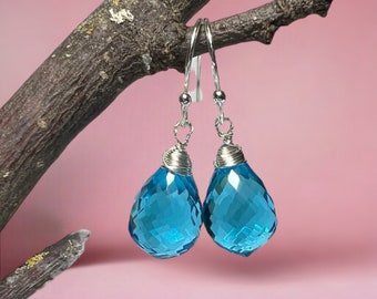 Swiss Blue Topaz Earrings Sterling Silver 925 Wire Wrapped, Ethical Jewelry