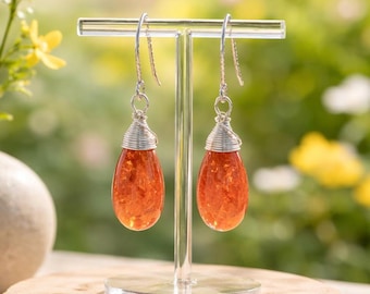 Natural Sunstone Earrings Sterling Silver Wire Wrapped