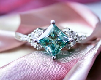 Radiant Teal Paraiba Moissanite Ring in Solid 14k White Gold, Size 6 -  Ready to Ship