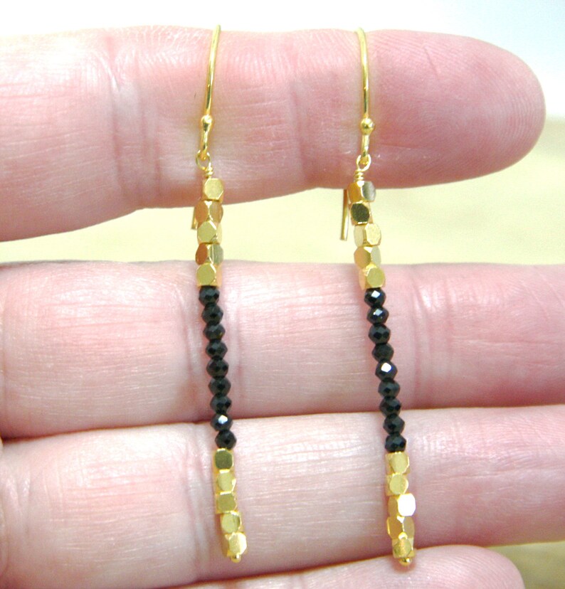 Black Spinel Stick Earrings Gold Vermeil Good Luck