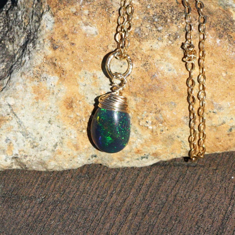 14th 34th Anniversary Black Opal Pendant 14K Yellow Gold Filled October Birthstone