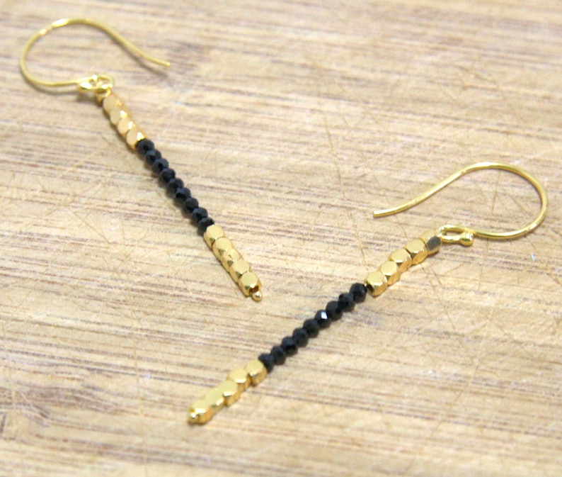 Black Spinel Stick Earrings Gold Vermeil Good Luck