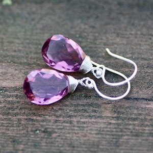 Wire Wrapped Kunziite Earrings Sterling Silver 925 , Lab Made Gems