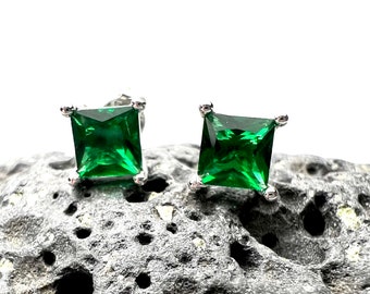 4mm Princess Cut Emerald Stud Earrings in Sterling Silver 925