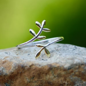 Two Tone Olive Branch Ring Silver and Gold , Handmade, From Canada, Adjustable Size