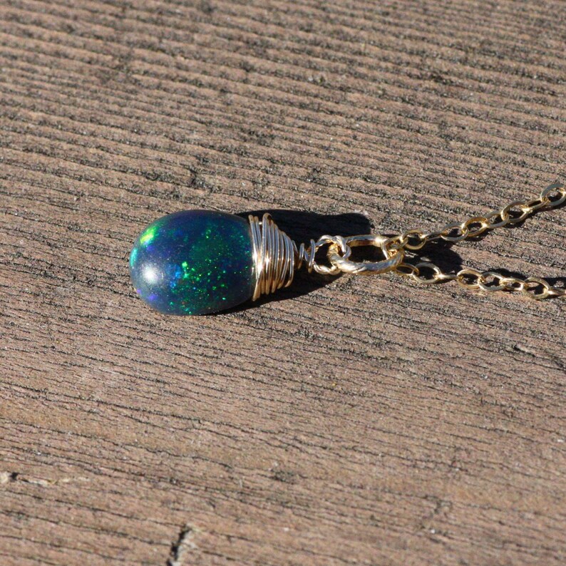 14th 34th Anniversary Black Opal Pendant 14K Yellow Gold Filled October Birthstone