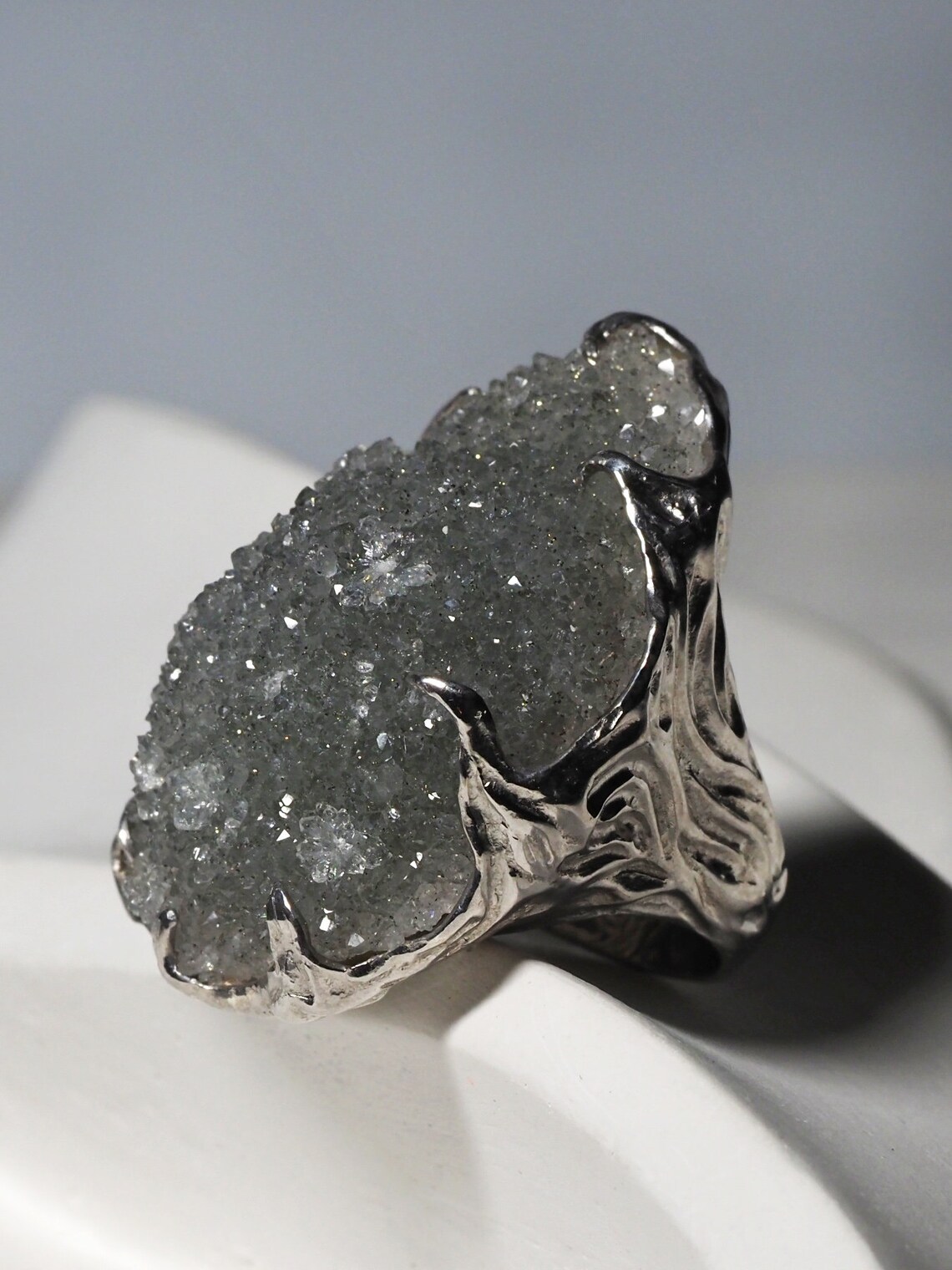 Big Silver Rock Crystal Ring Natural Quartz Gemstone Sterling Etsy