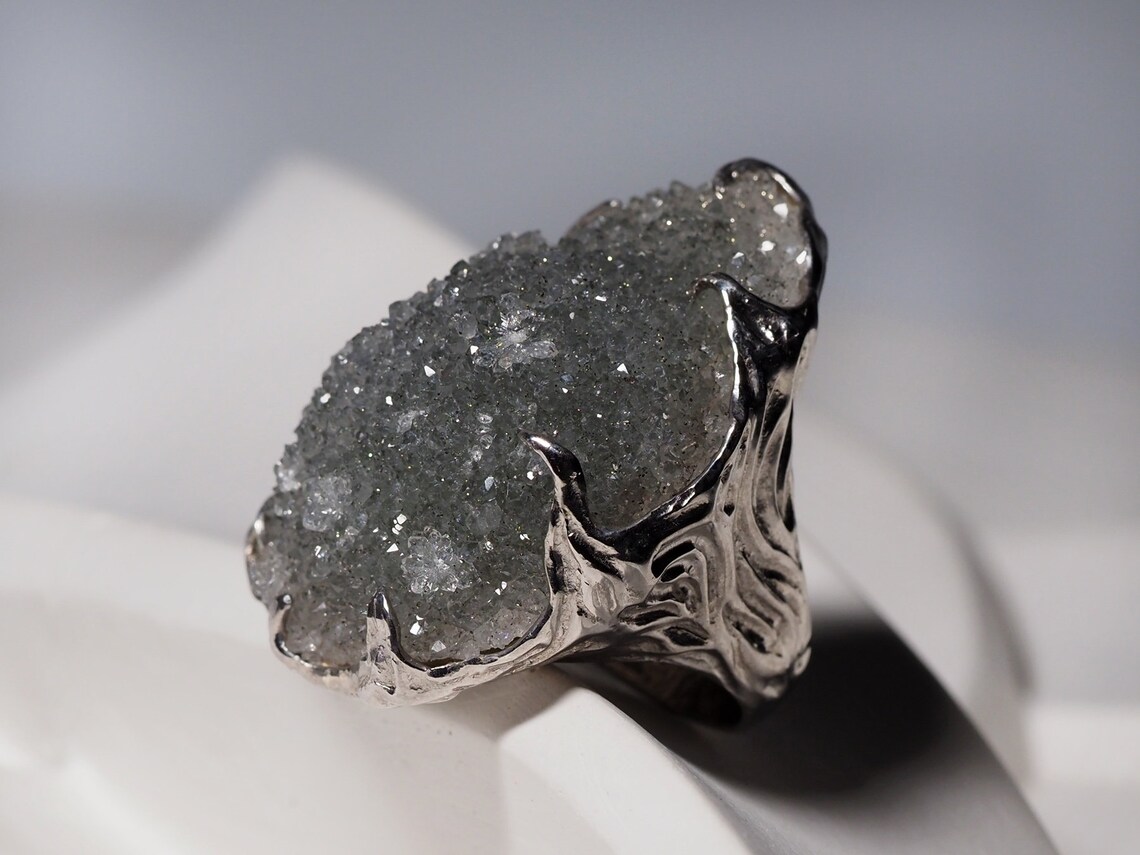 Big Silver Rock Crystal Ring Natural Quartz Gemstone Sterling Etsy