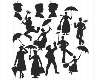 INSTANT DOWNLOAD - Mary Poppins Silhouettes, Mary Poppins Svg Cut Files, Mary Poppins Clipart, Mary Poppins Svg, Mary Poppins Characters
