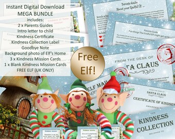 Può includere: Un pacchetto scaricabile digitalmente con una Collezione di Gentilezza. Il pacchetto include guide per genitori, un certificato di gentilezza, schede missione e una nota di addio. L'immagine mostra anche tre bambole elfo.