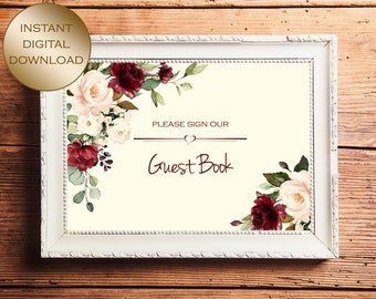 Burgundy and cream Sign Our Guest Book wedding sign, perfect for a winter wedding theme - A4 digital download files