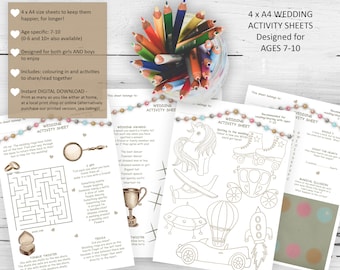 Four pages, UK A4 size children's wedding activity sheets, printable wedding activities, activity pack pages for kids aged 7-10