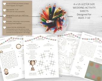Four pages, US letter size children's wedding activity sheets, printable wedding activities, activity pack pages for kids aged 7-10