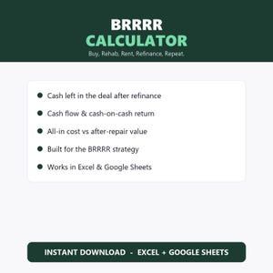 May include: A digital BRRRR Calculator spreadsheet tool for real estate investors. The interface features dark green headers with white text reading BRRRR CALCULATOR and Buy, Rehab, Rent, Refinance, Repeat. It lists features for Excel and Google Sheets.