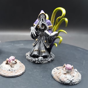 May include: A miniature painted figure of a wizard with a purple robe and tentacles for a beard, holding a book. The wizard is standing on a round base with a green plant behind it. Two miniature painted figures of spiders on round bases are in the foreground.