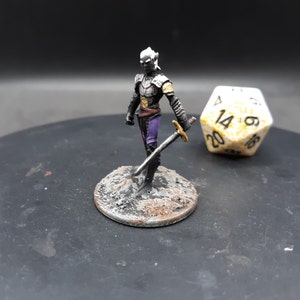 May include: Miniature fantasy figure of a warrior in black armor with gold accents, purple pants, and a silver sword. The figure stands on a textured base. A twenty-sided die is in the background.